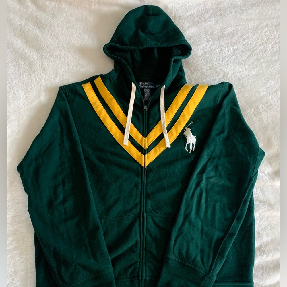 Oversized deep green Ralph Lauren Polo zip up with unique yellow stripe design